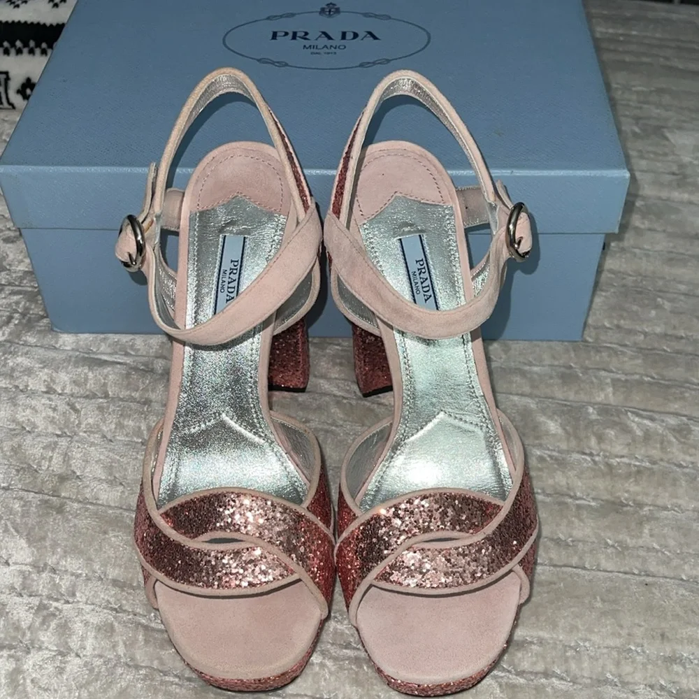 Prada calzatura donna glitter rose color size 39 5” heel excellent condition. - Picture 1 of 13